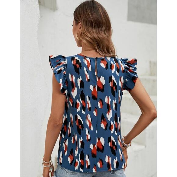 Clasi Blue Printed Blouse Women’s Large – Ruffle Trim Sleeve Top • EUC - Picture 3 of 9